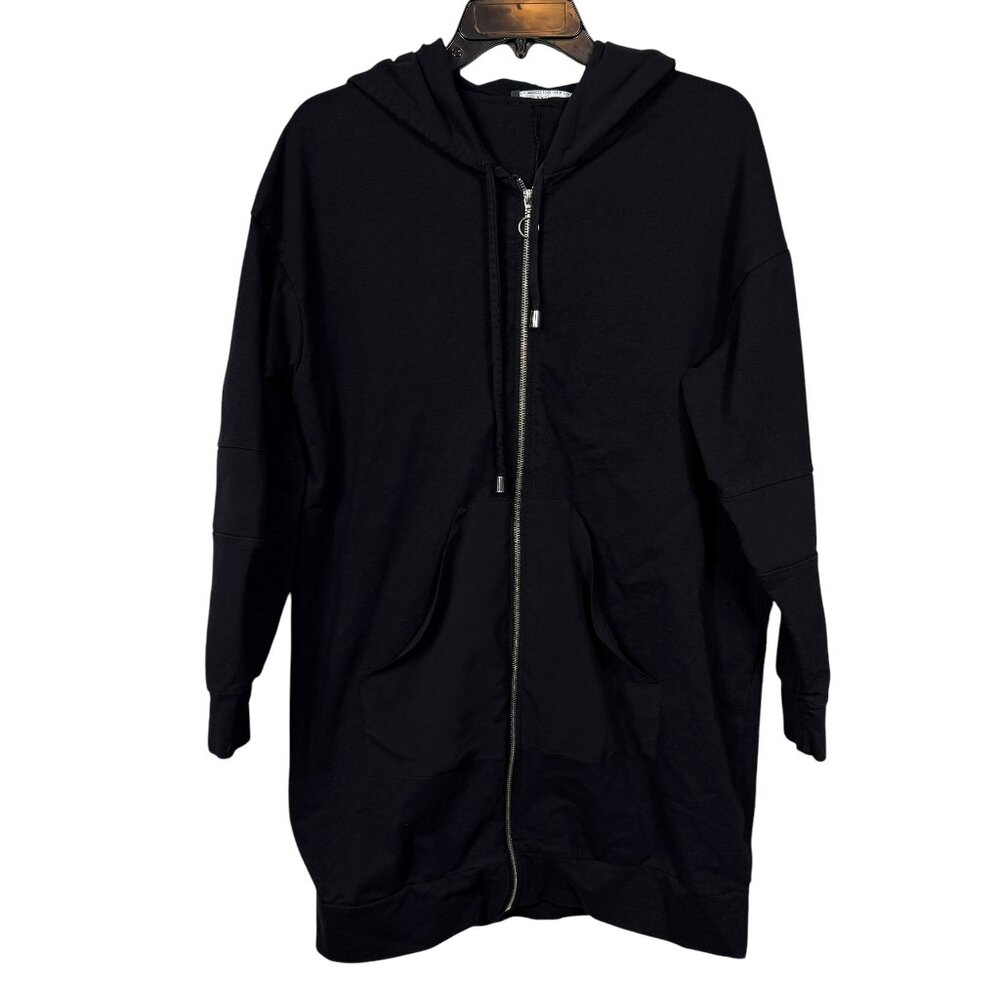 Zara Long Full Zip Jacket Womens Small Black Hooded Hoodie Streetwear Casual